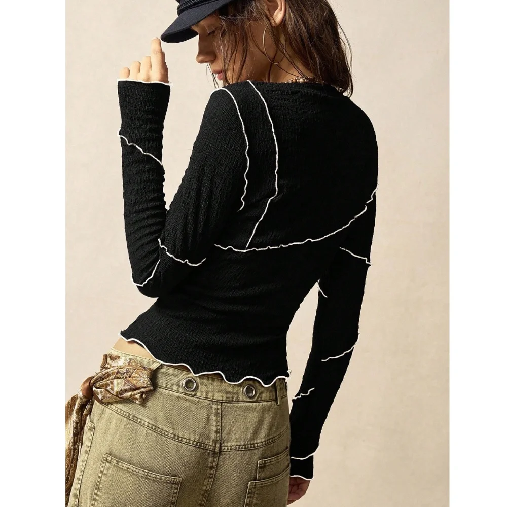 Black Long Sleeve Tee Contrast Outside Stitch Shirt